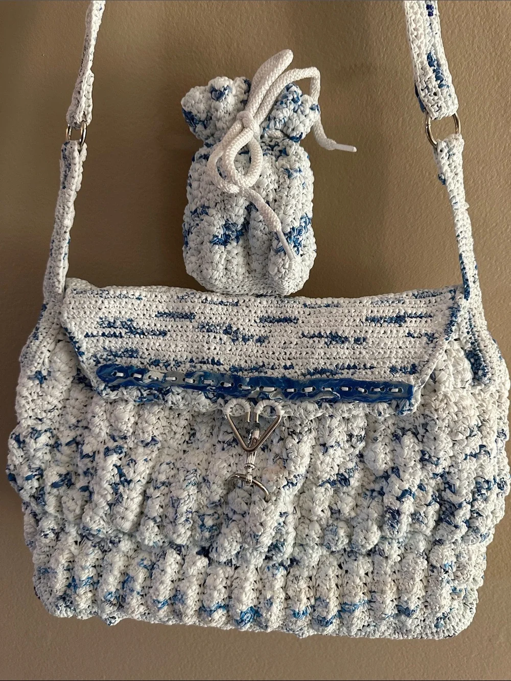 Upcycled Plarn 3-Piece Accessories Set: Shoulder Bag, Matching Hat & Coin Pouch